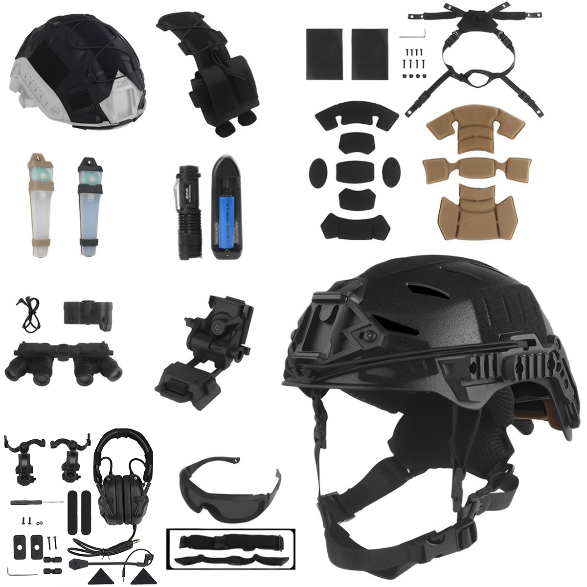Outdoor Hunting Movies - Taktisches Helm-Set mit Kommunikations-Headset Nachtsichtmodell Taschenlampe