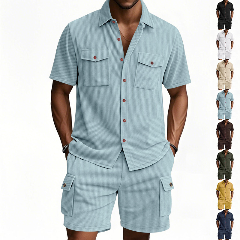 Outdoor Hunting Outfit - Herren Sommer Cord-Arbeitskleidung Zweiteiliges Set Kurzarmhemd